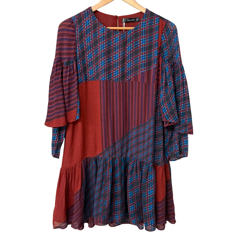 NWT Zara Women Burgundy Patchwork Mini Dress Wool Blend XS Plaid Ruffle Sleeve